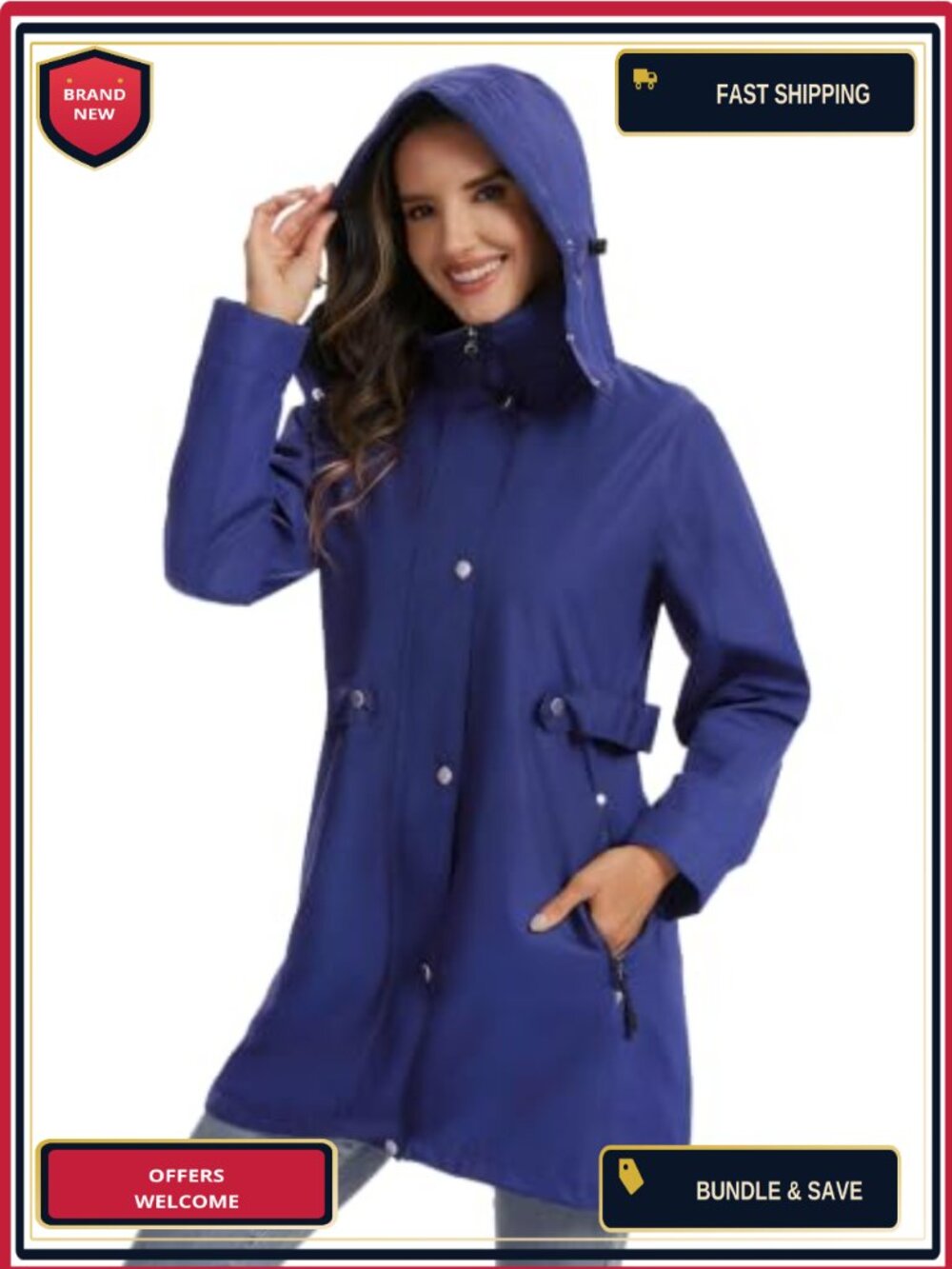 Women's Long Waterproof Rain Jacket Lightweight Hooded Windbreaker